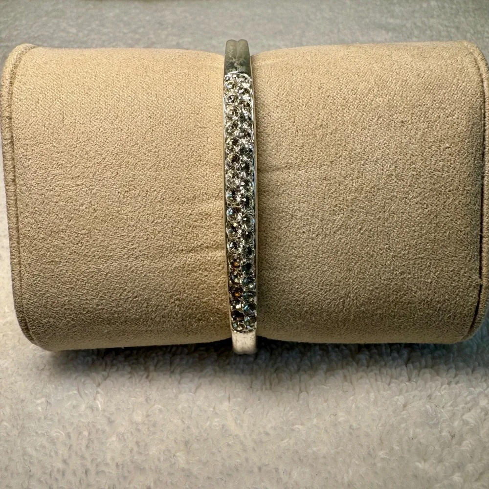 Swarovski Silver Tone Pave Crystal Hinged Bangle Bracelet Swan Logo